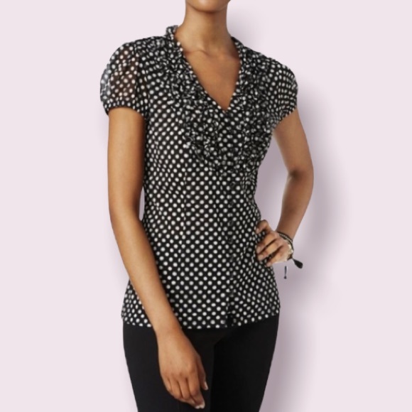 INC International Concepts Black & White Polka Dot Ruffle Top - Picture 1 of 9